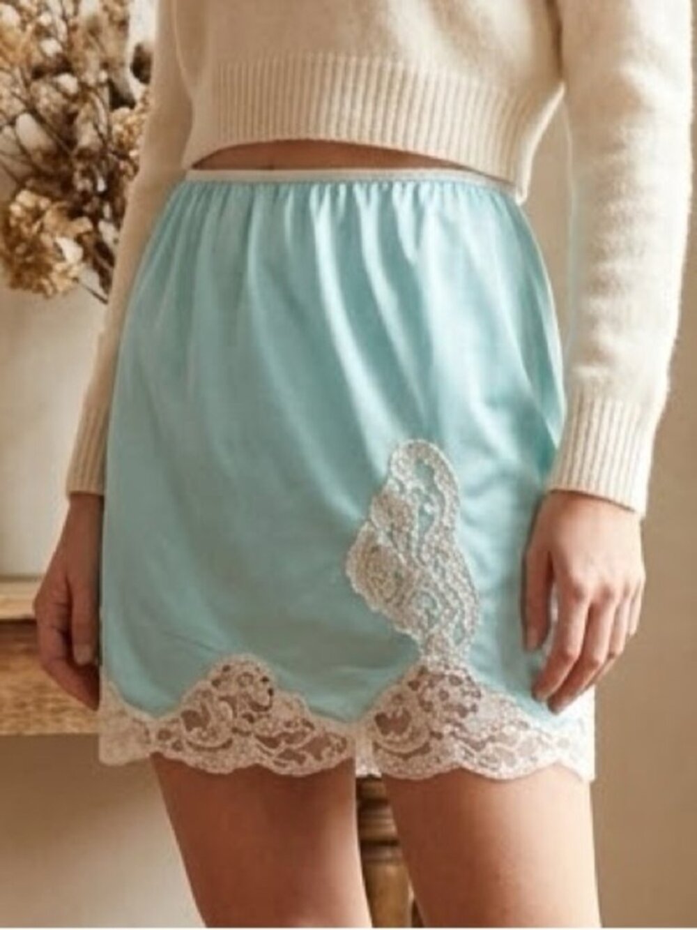 Vintage Seafoam Blue Nylon Lace Trim Mini Slip Skirt - Small